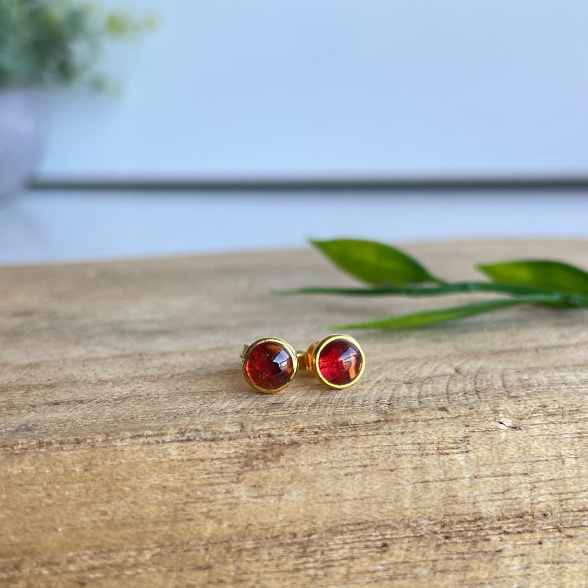 18K Gold Plated Garnet Stud Earrings