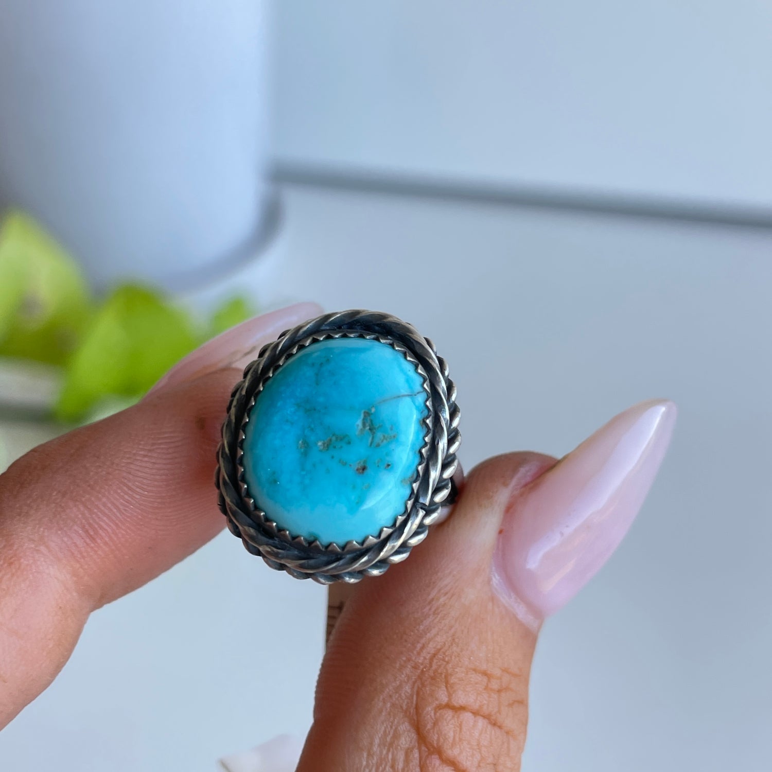 Turquoise Oval Ring Made By Native Americans Sz6