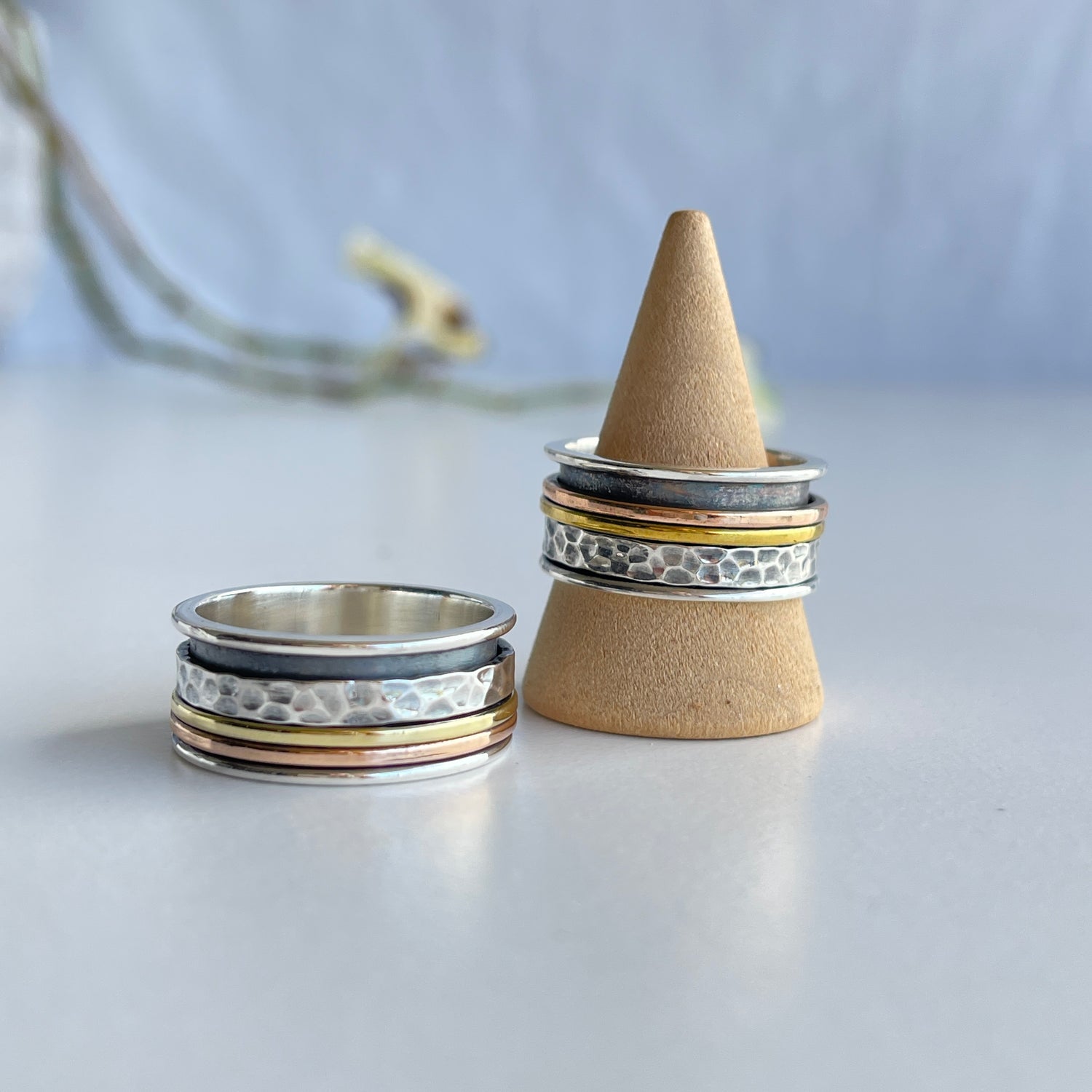 Tri Tone Spinner Ring Hammered