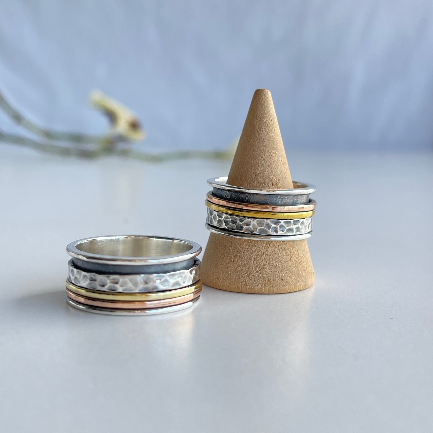 Tri Tone Spinner Ring Hammered