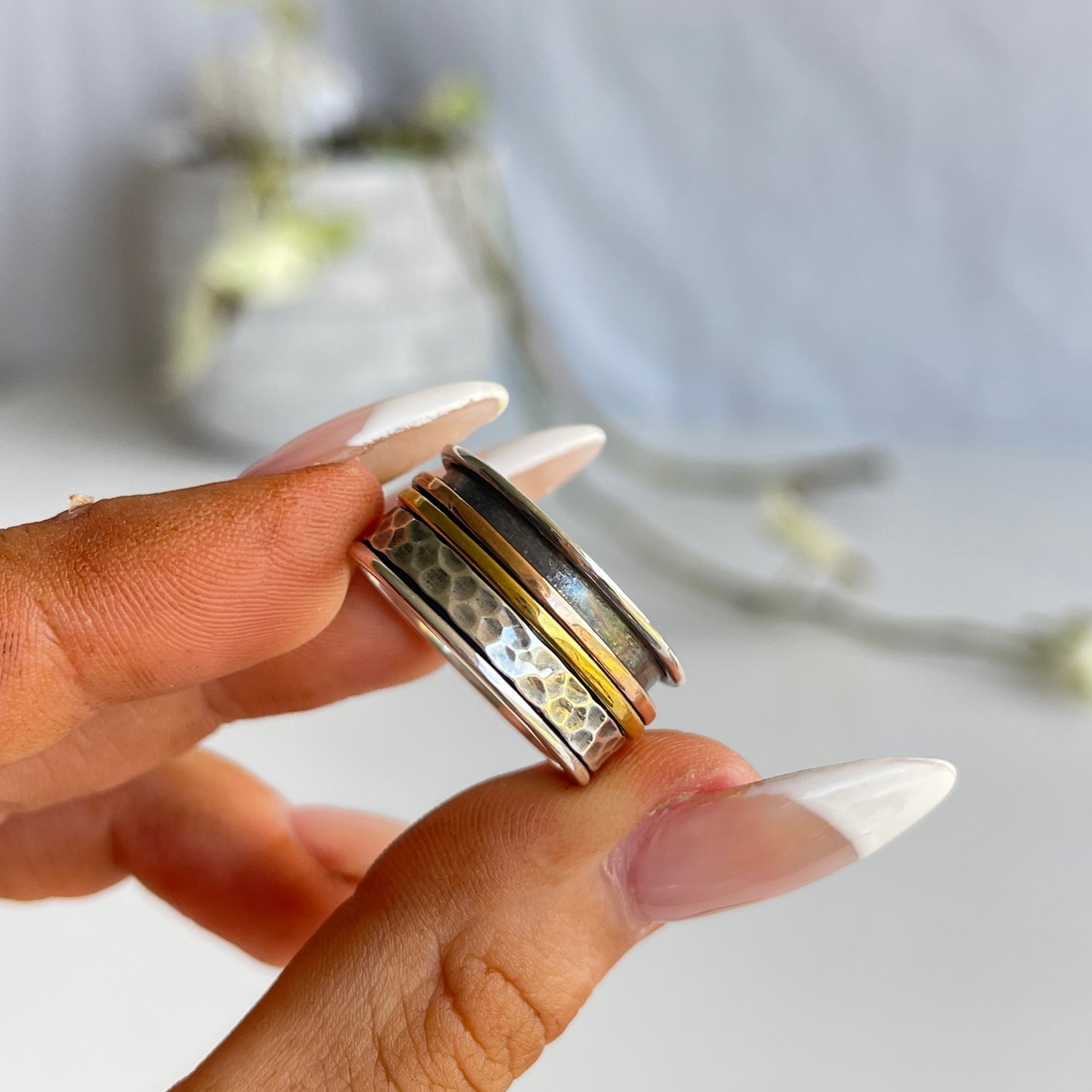 Tri Tone Spinner Ring Hammered