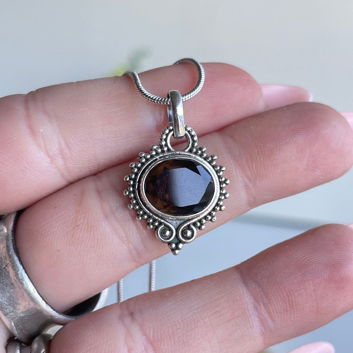 Smoky Quartz Oval Filigree Pendant
