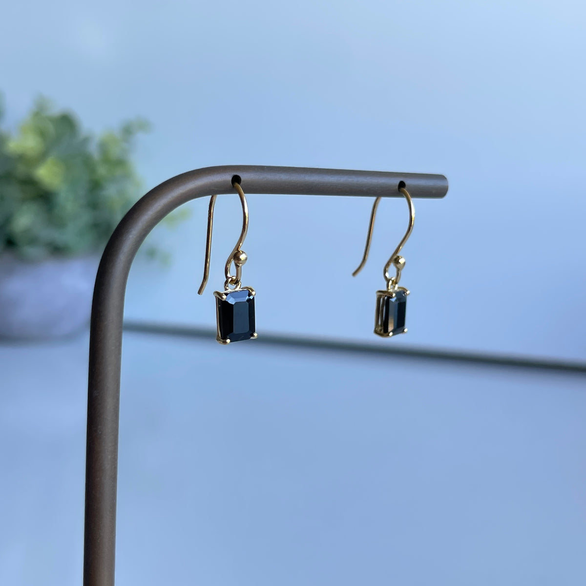 18K Gold Plated Black Spinel Rectangle Earrings