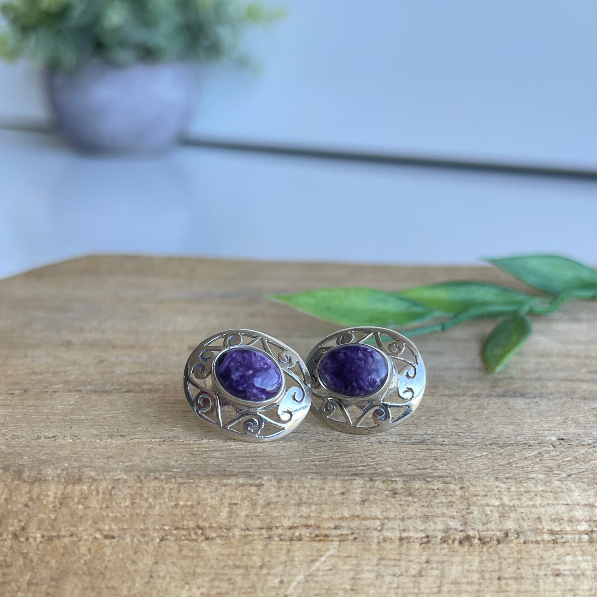 Charorite Round Stud Earrings