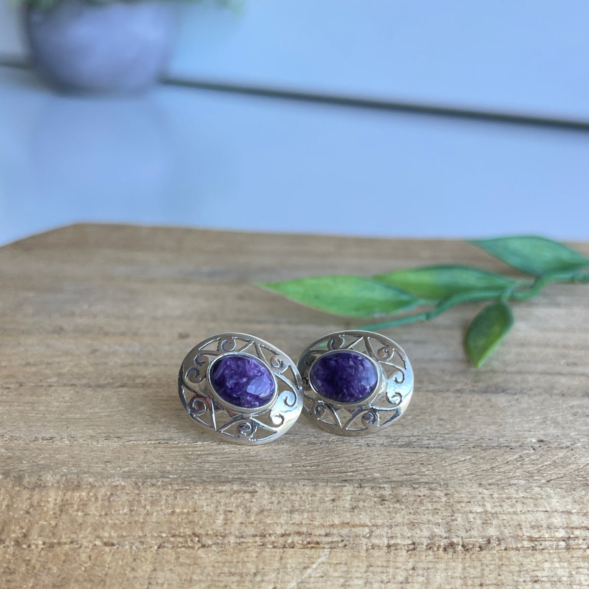 Charorite Round Stud Earrings