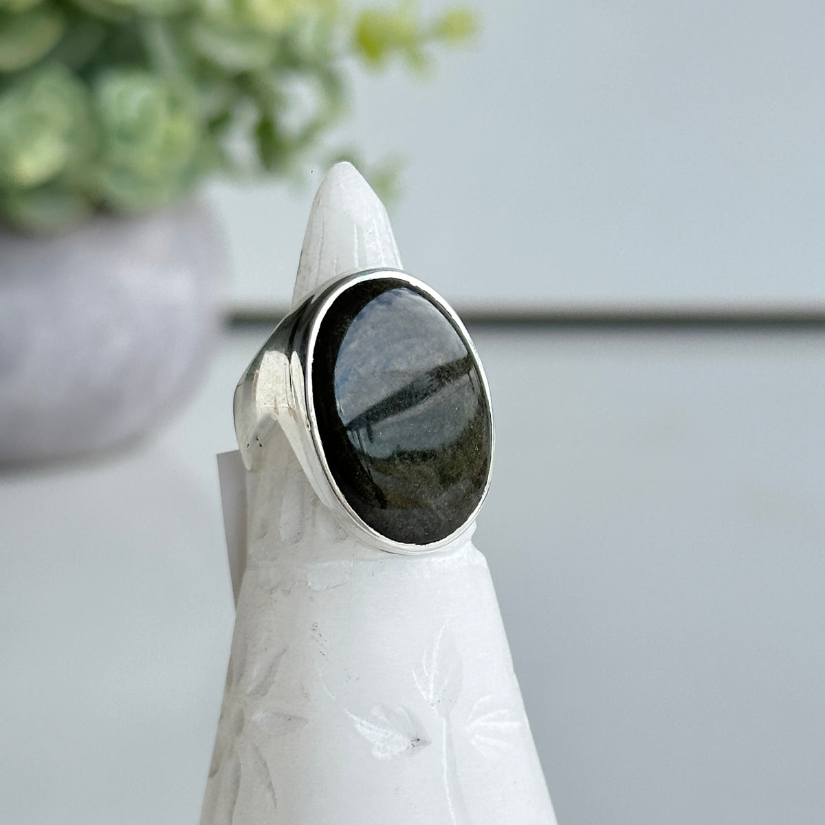 Gold Sheen Obsidian Oval Ring Sz7