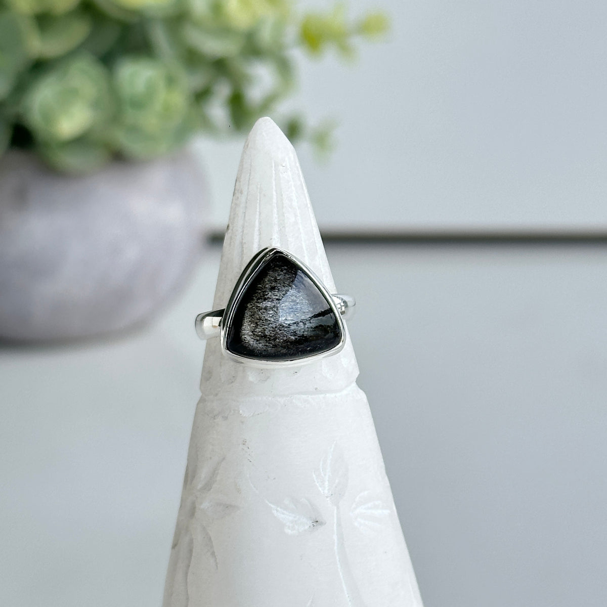 Silver Sheen Obsidian Teardrop Ring Sz7.5
