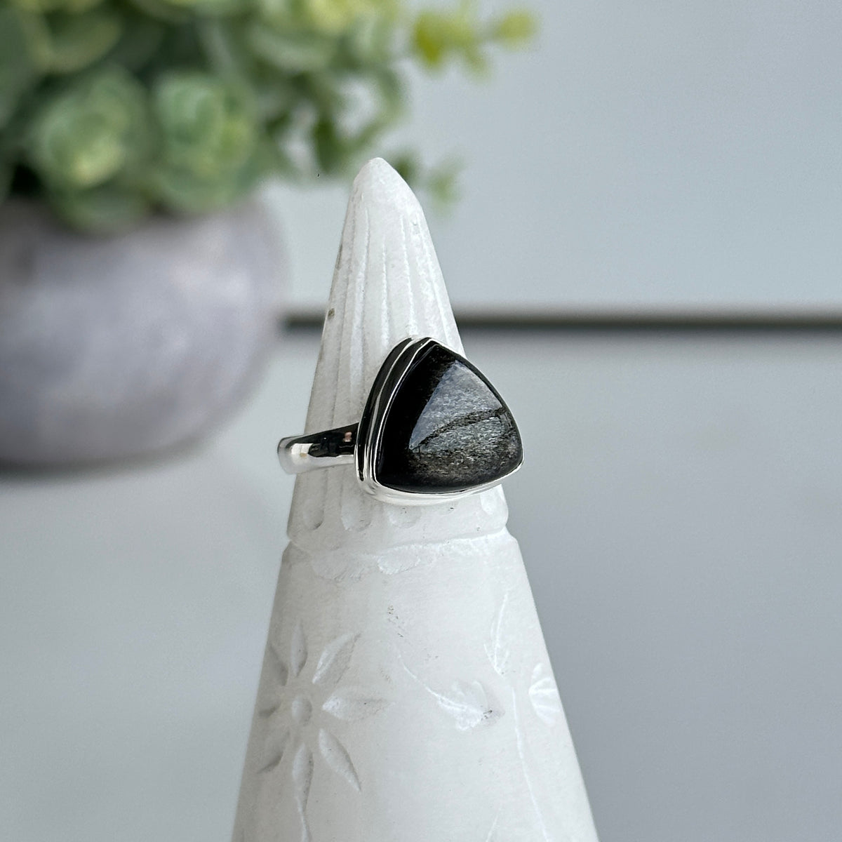 Silver Sheen Obsidian Teardrop Ring Sz7.5
