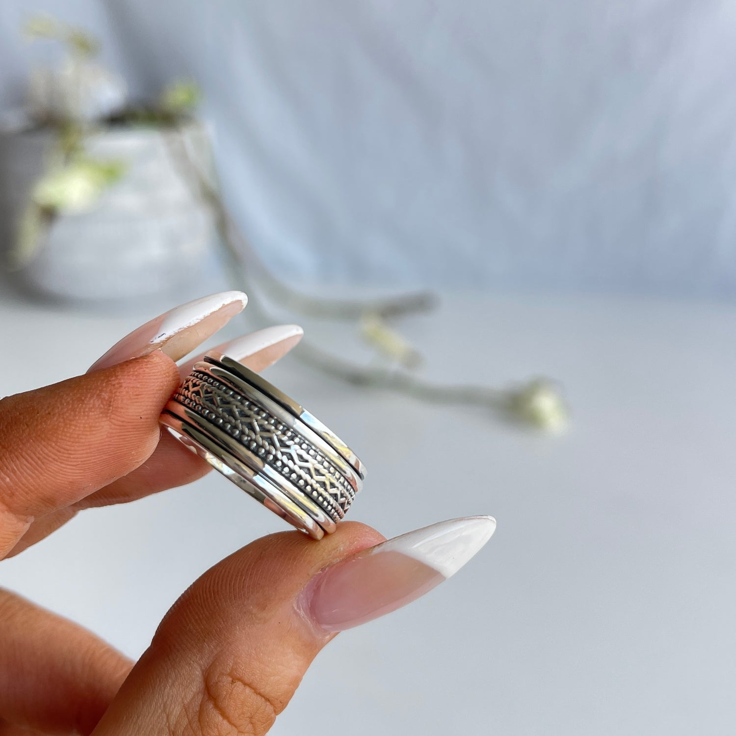 Silver Patterned Spinner Ring