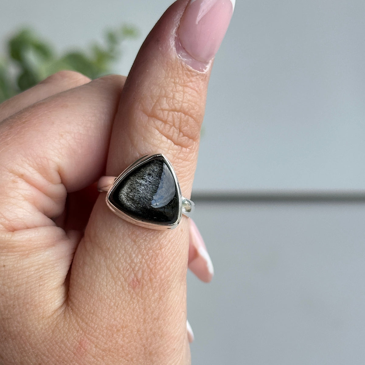 Silver Sheen Obsidian Teardrop Ring Sz7.5