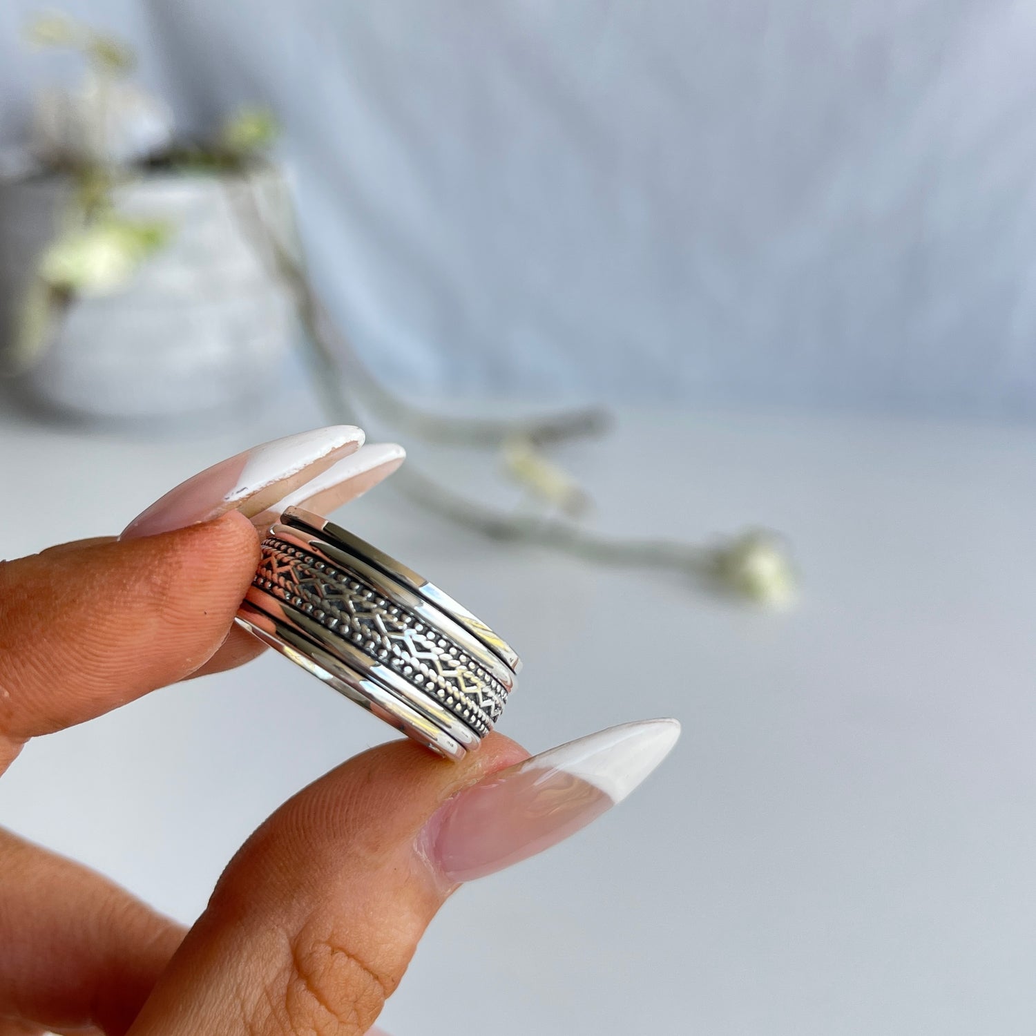 Silver Patterned Spinner Ring