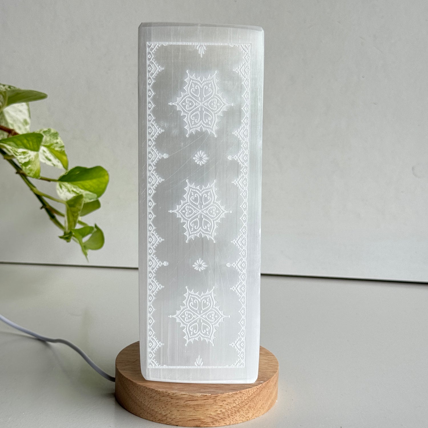 Selenite Lamp Tower With Engraving