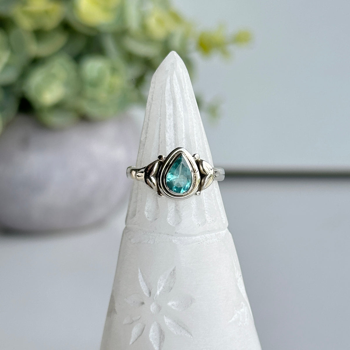 Neon Blue Apatite Teardrop Ring Sz7