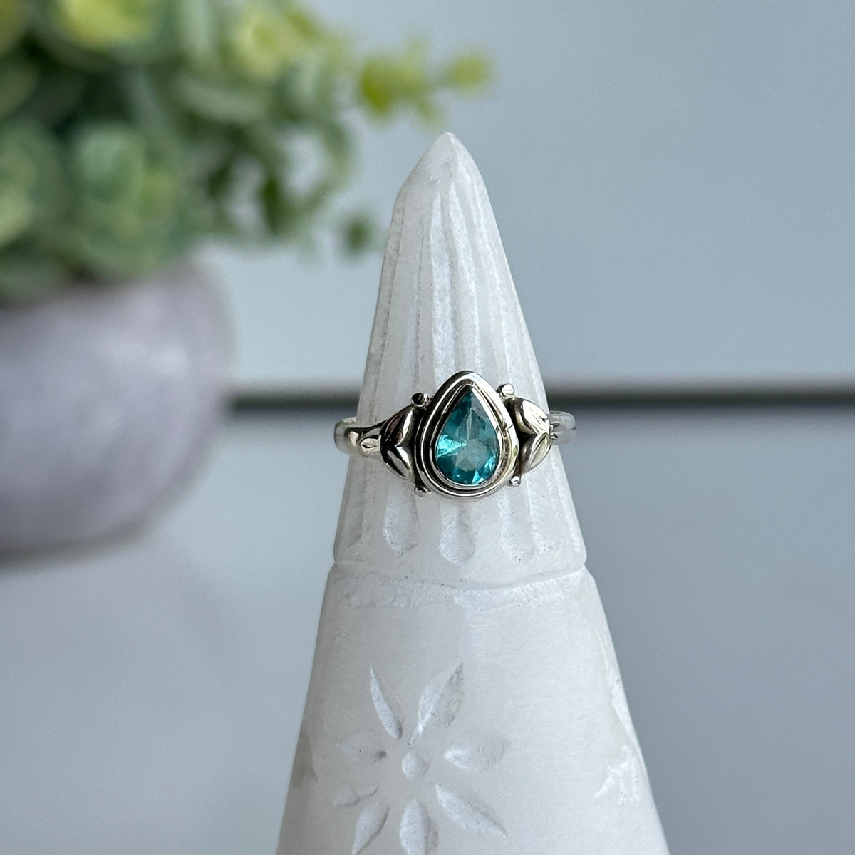 Neon Blue Apatite Teardrop Ring Sz7