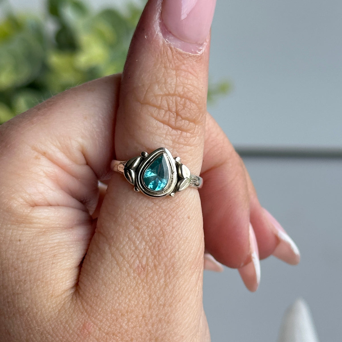Neon Blue Apatite Teardrop Ring Sz7