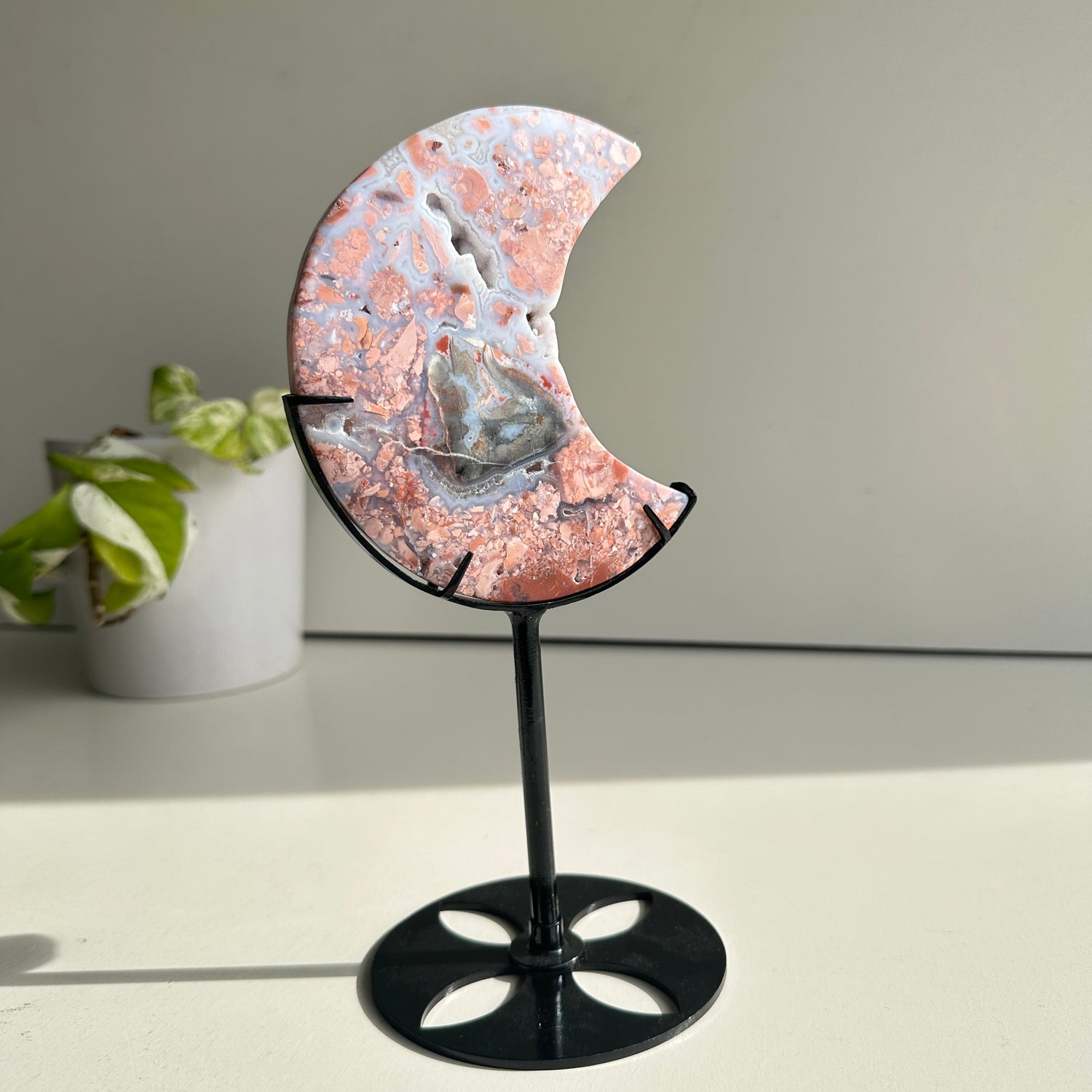 Pink Agate Moon In Stand 12.7cm