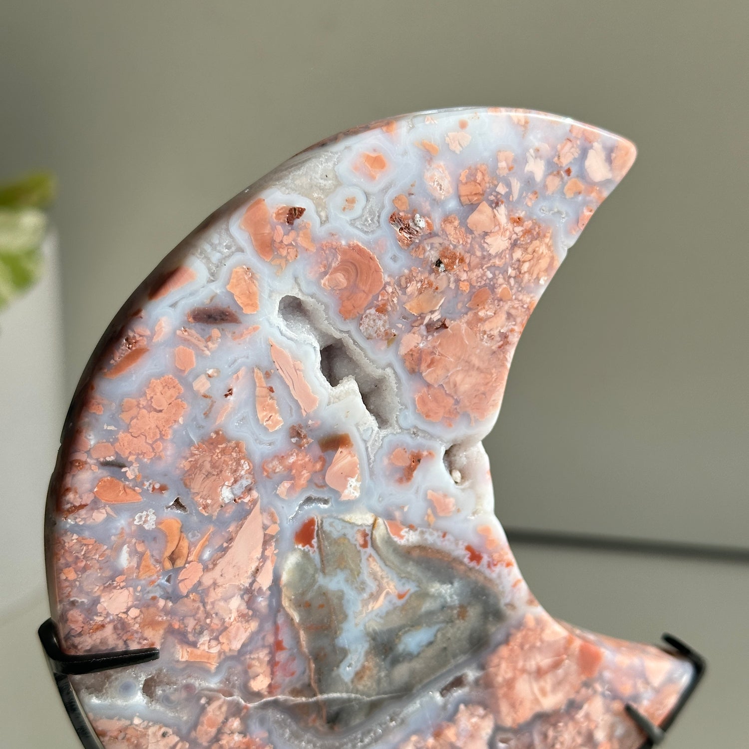 Pink Agate Moon In Stand 12.7cm