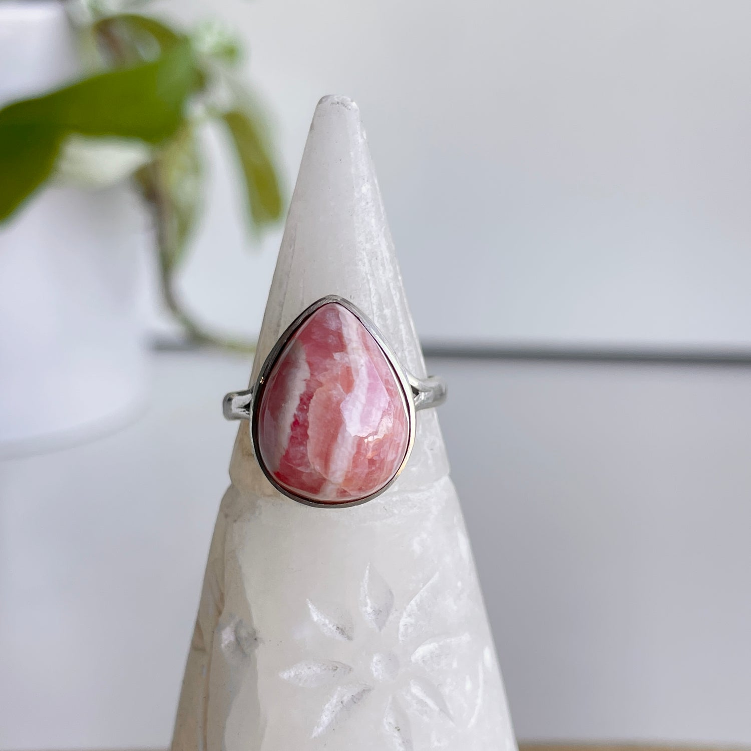 Rhodochrosite Teardrop Ring Sz8