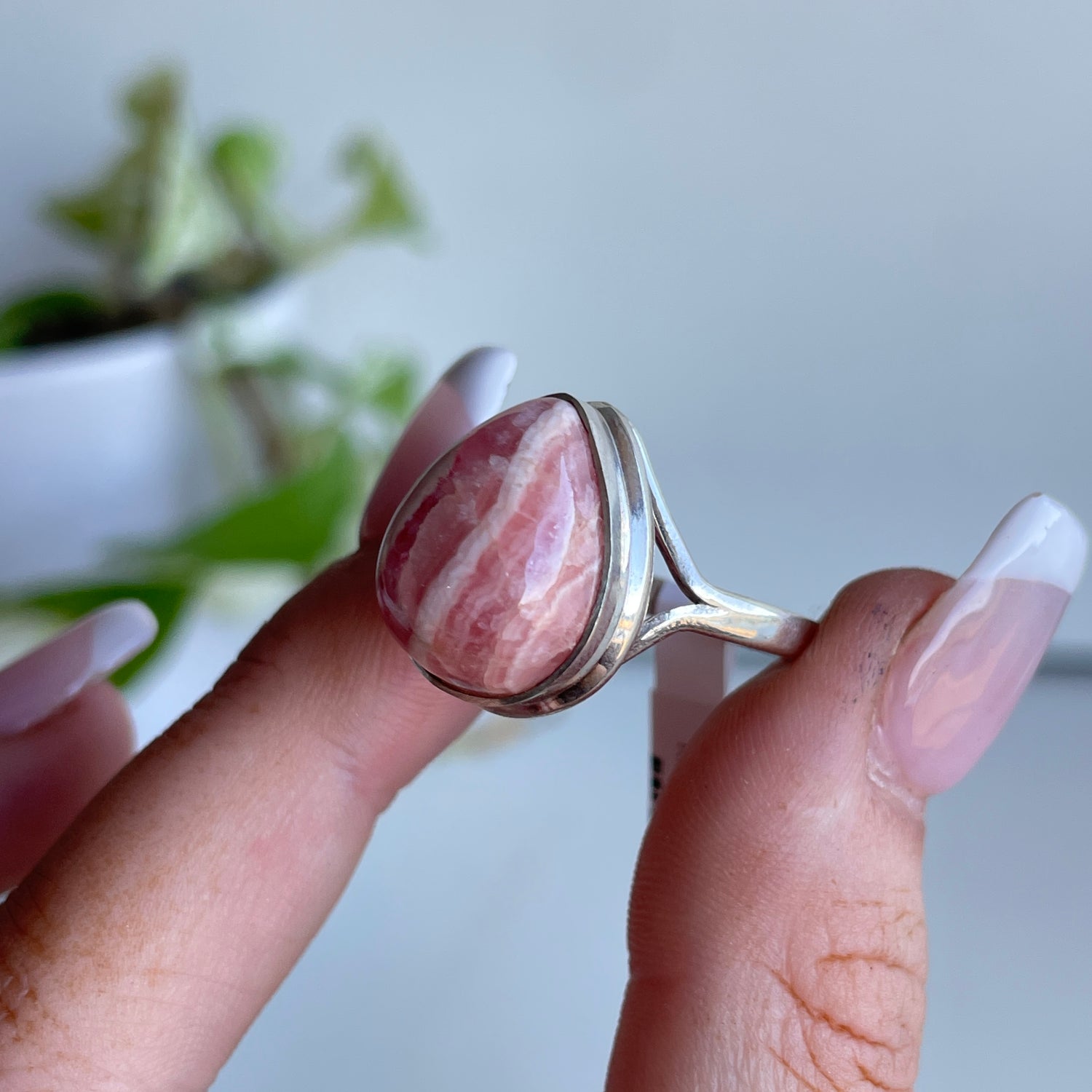 Rhodochrosite Teardrop Ring Sz8