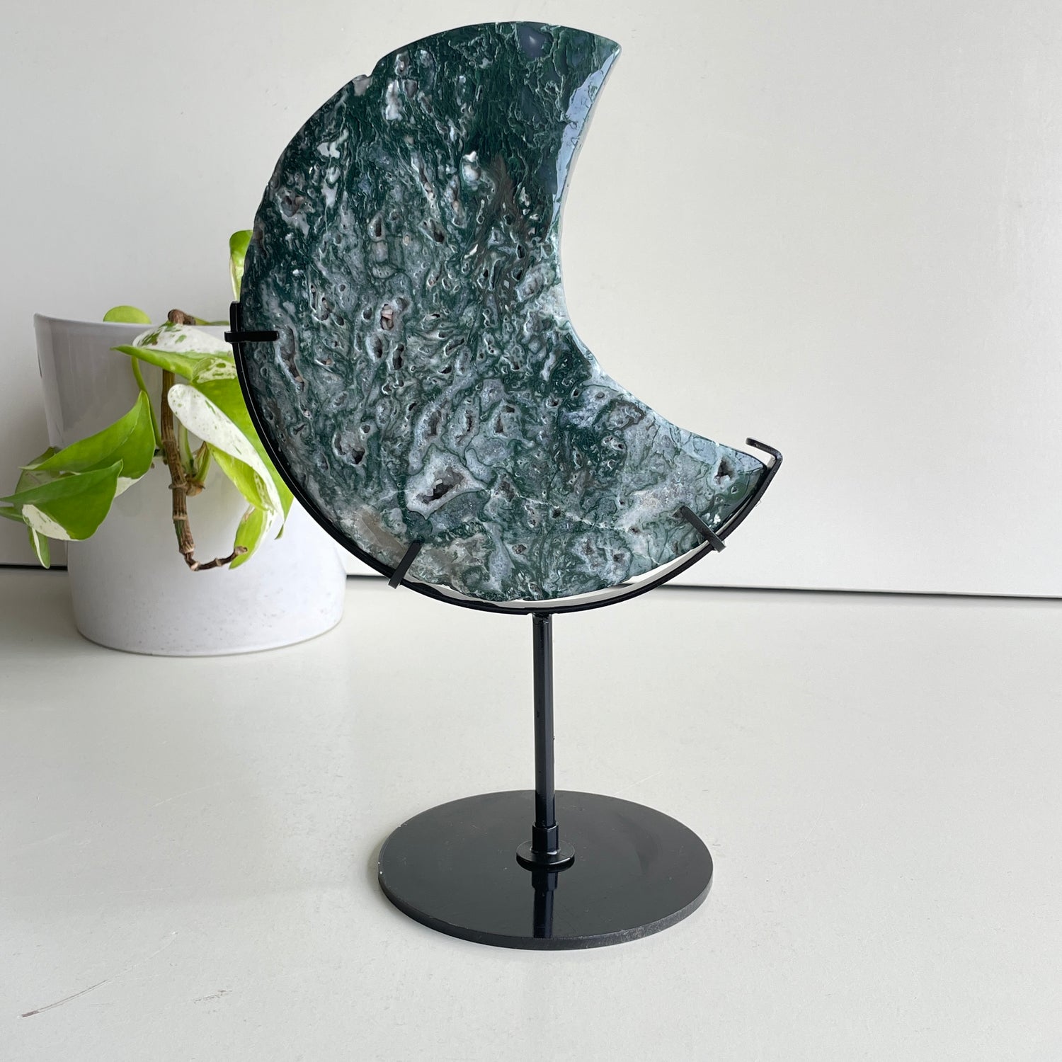 Moss Agate Moon In Stand 25cm