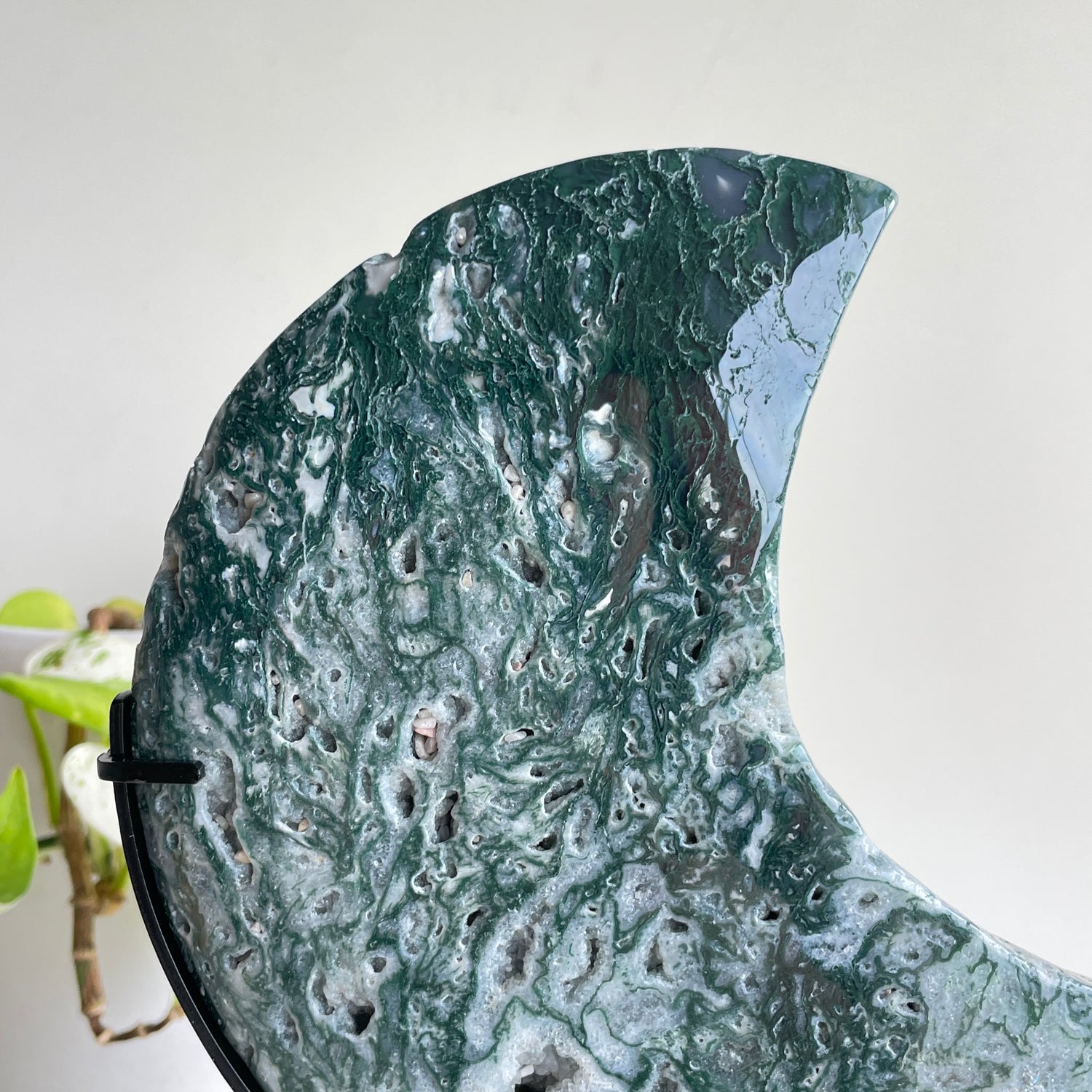 Moss Agate Moon In Stand 25cm