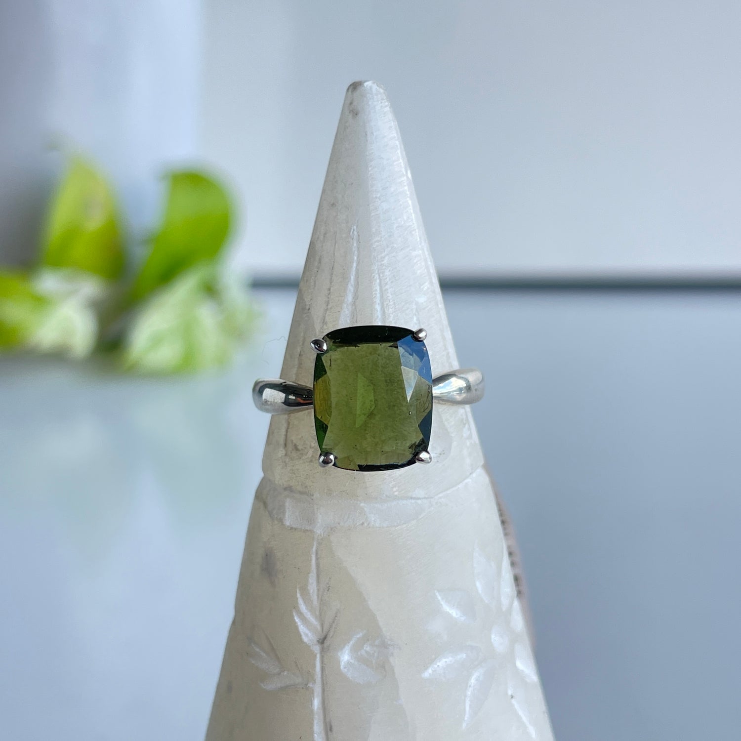 Moldavite Faceted Rectangle Ring Sz8