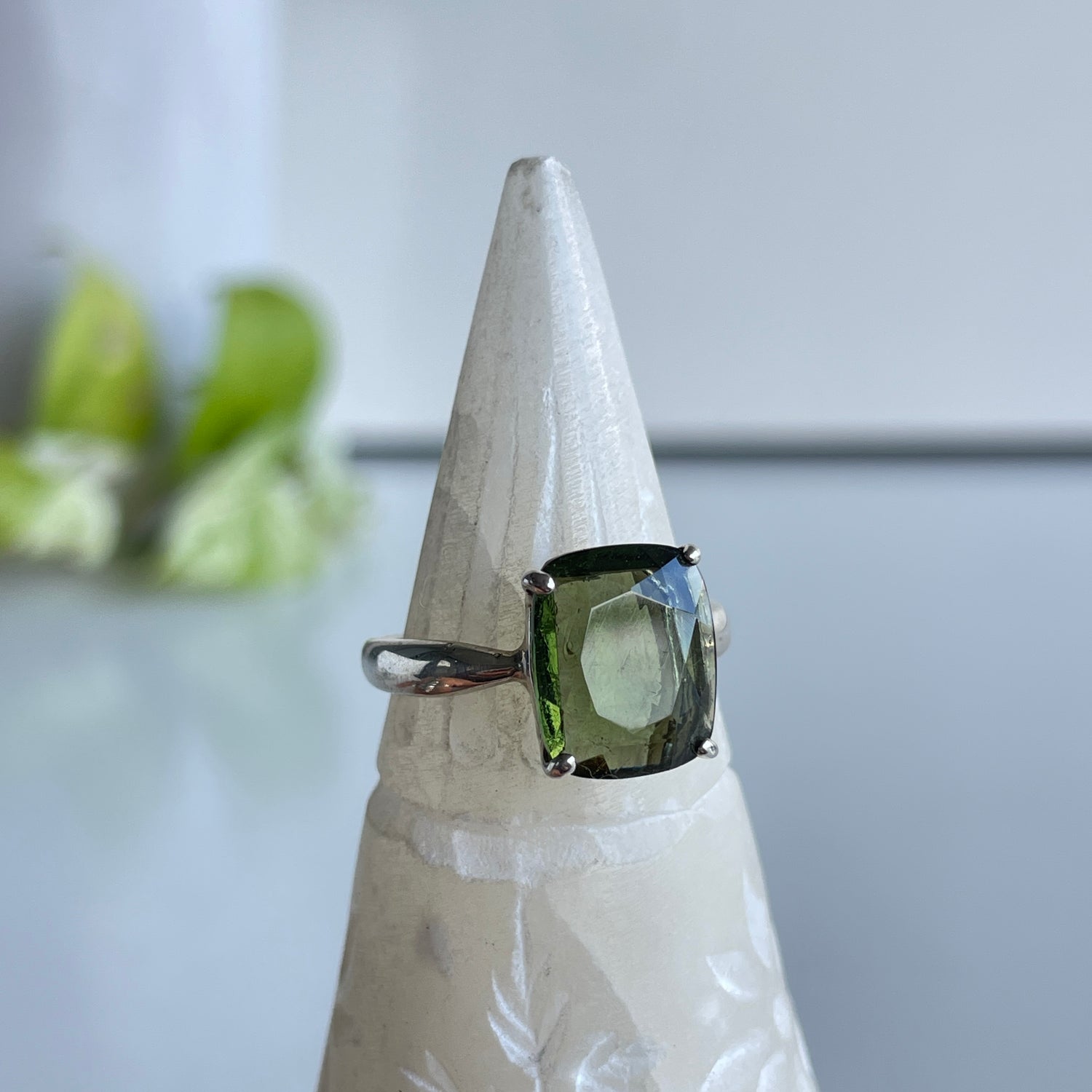 Moldavite Faceted Rectangle Ring Sz8