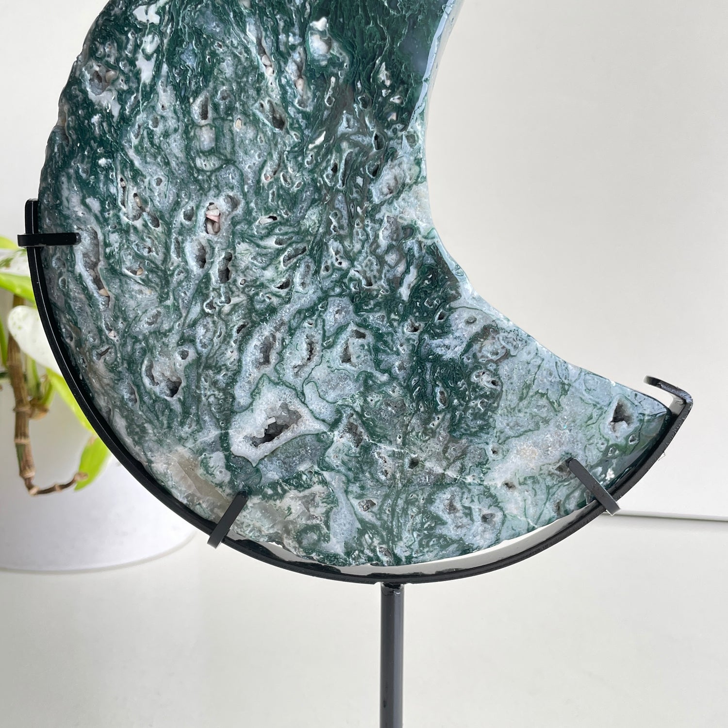 Moss Agate Moon In Stand 25cm