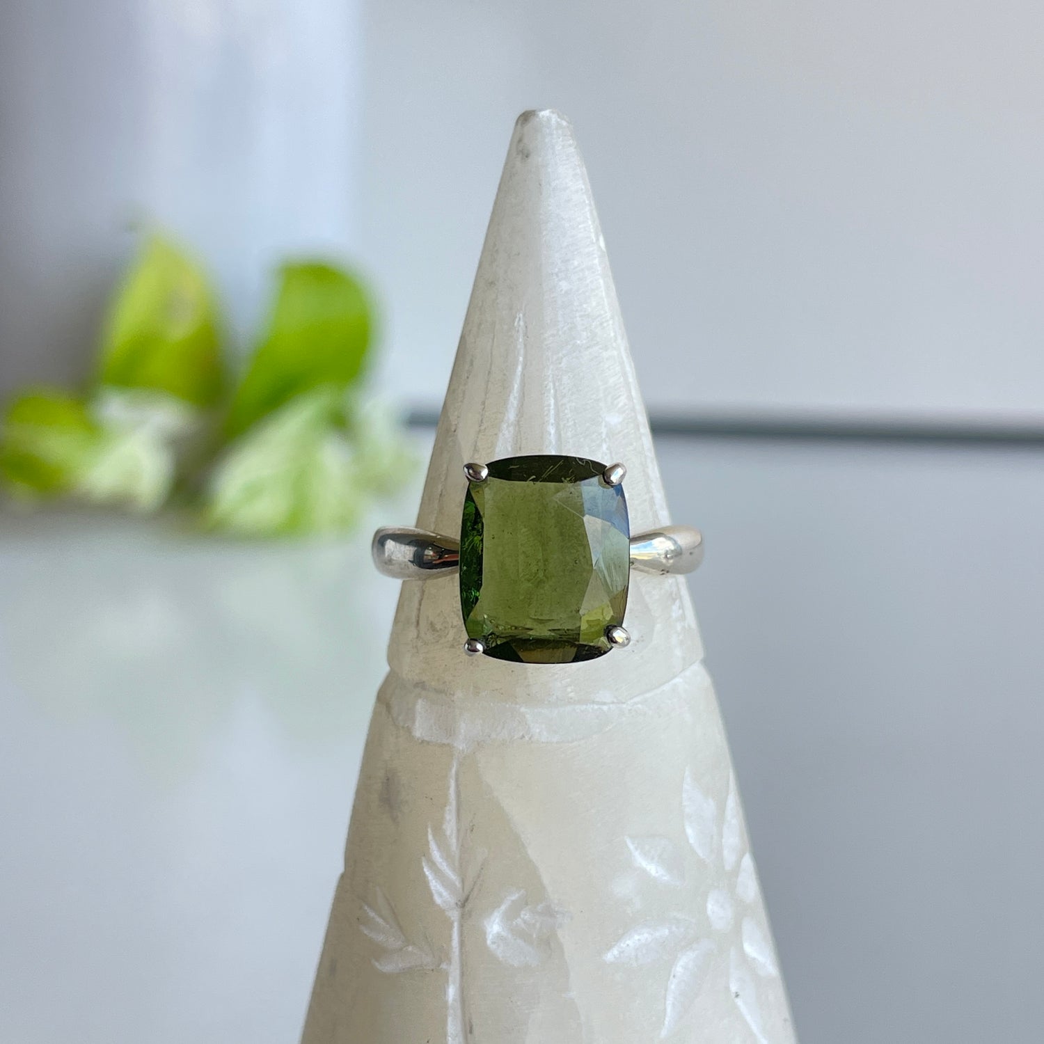 Moldavite Faceted Rectangle Ring Sz8