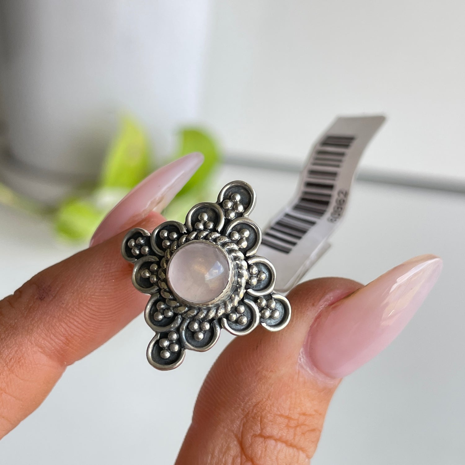 Rose Quartz Round Ring Sz6 002