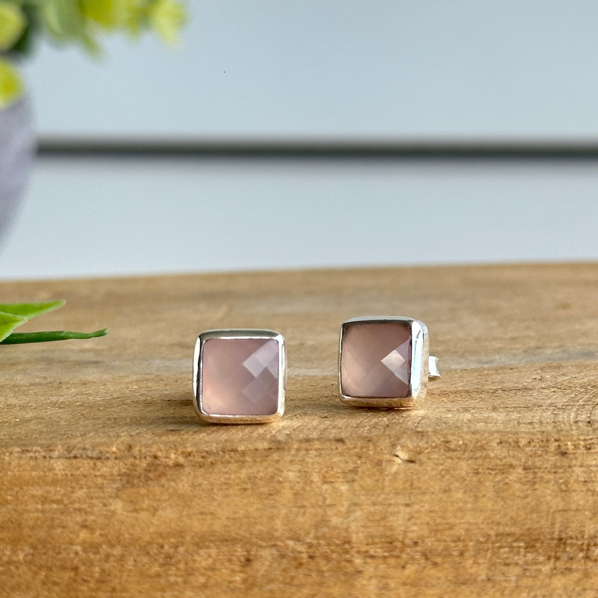 Pink Chalcedony Square Stud Earrings