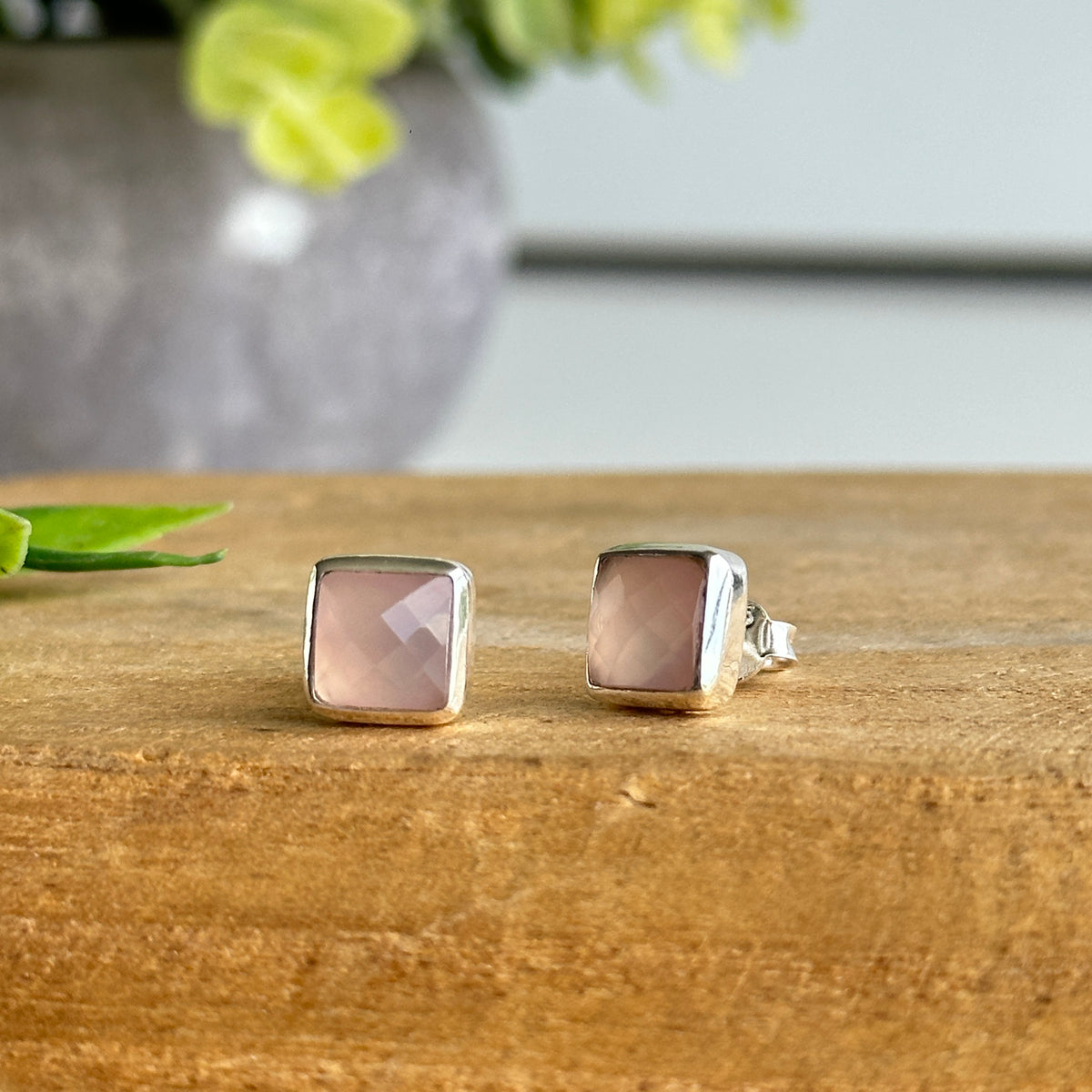 Pink Chalcedony Square Stud Earrings