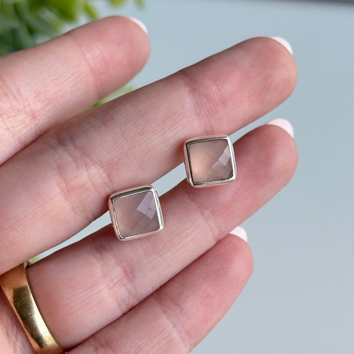 Pink Chalcedony Square Stud Earrings