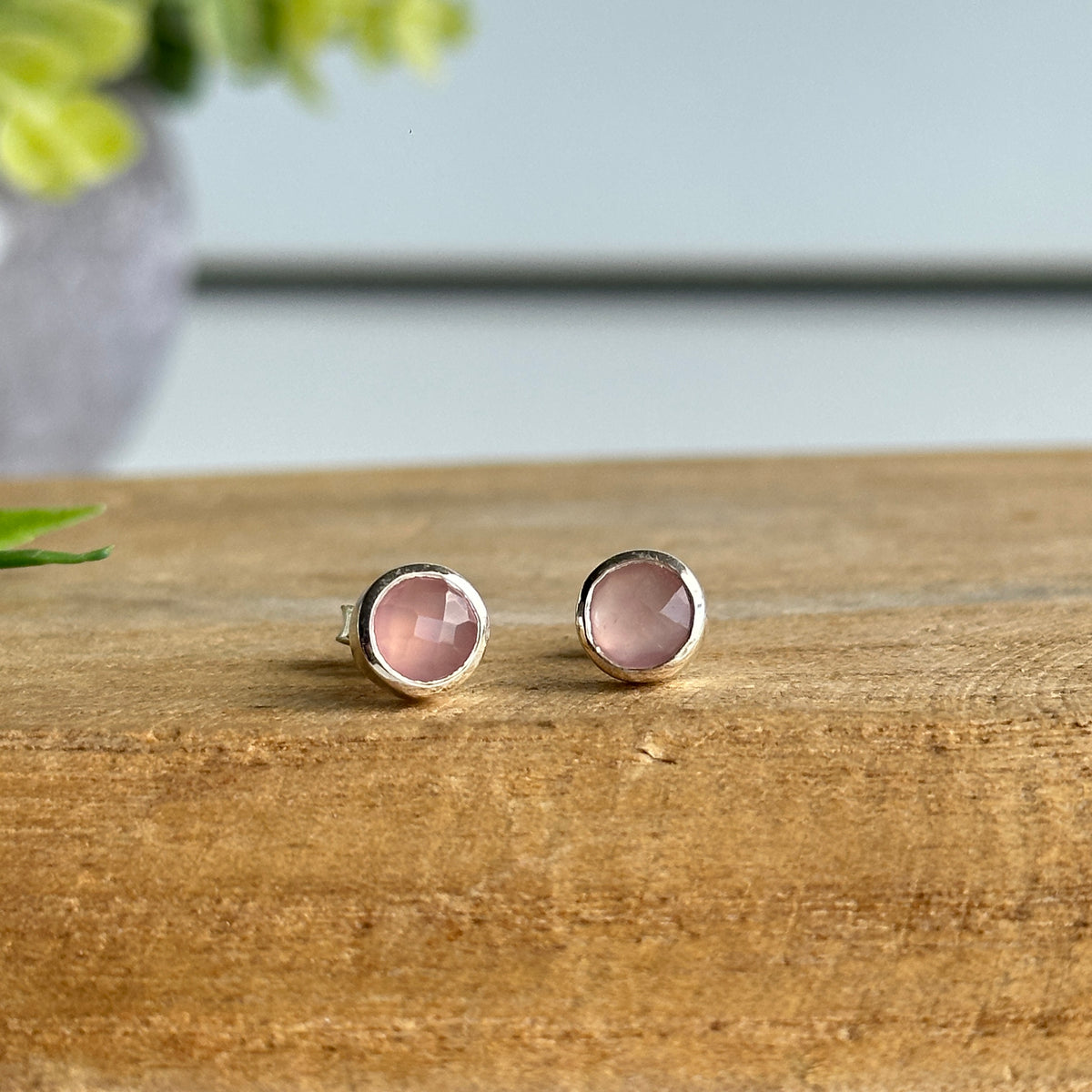 Pink Chalcedony Round Stud Earrings