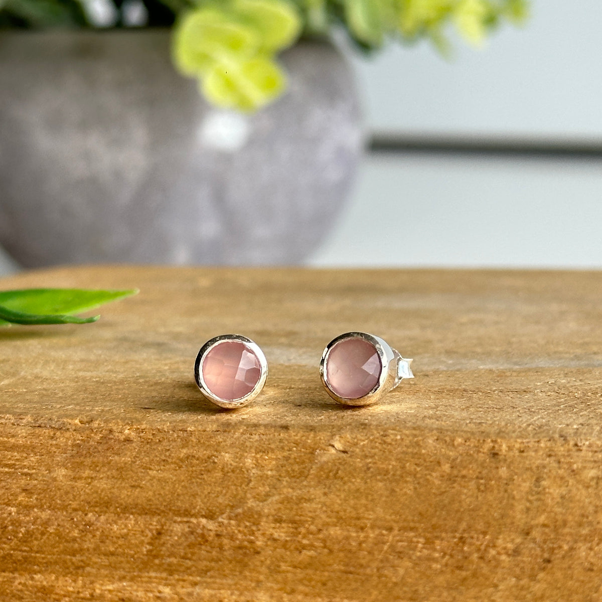 Pink Chalcedony Round Stud Earrings