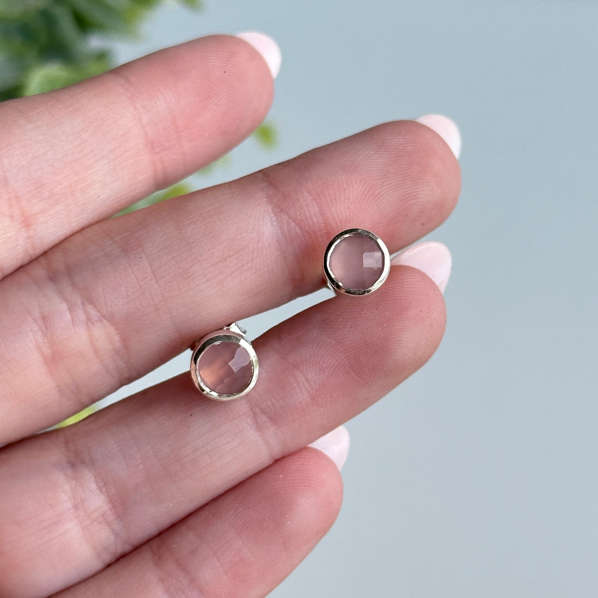 Pink Chalcedony Round Stud Earrings