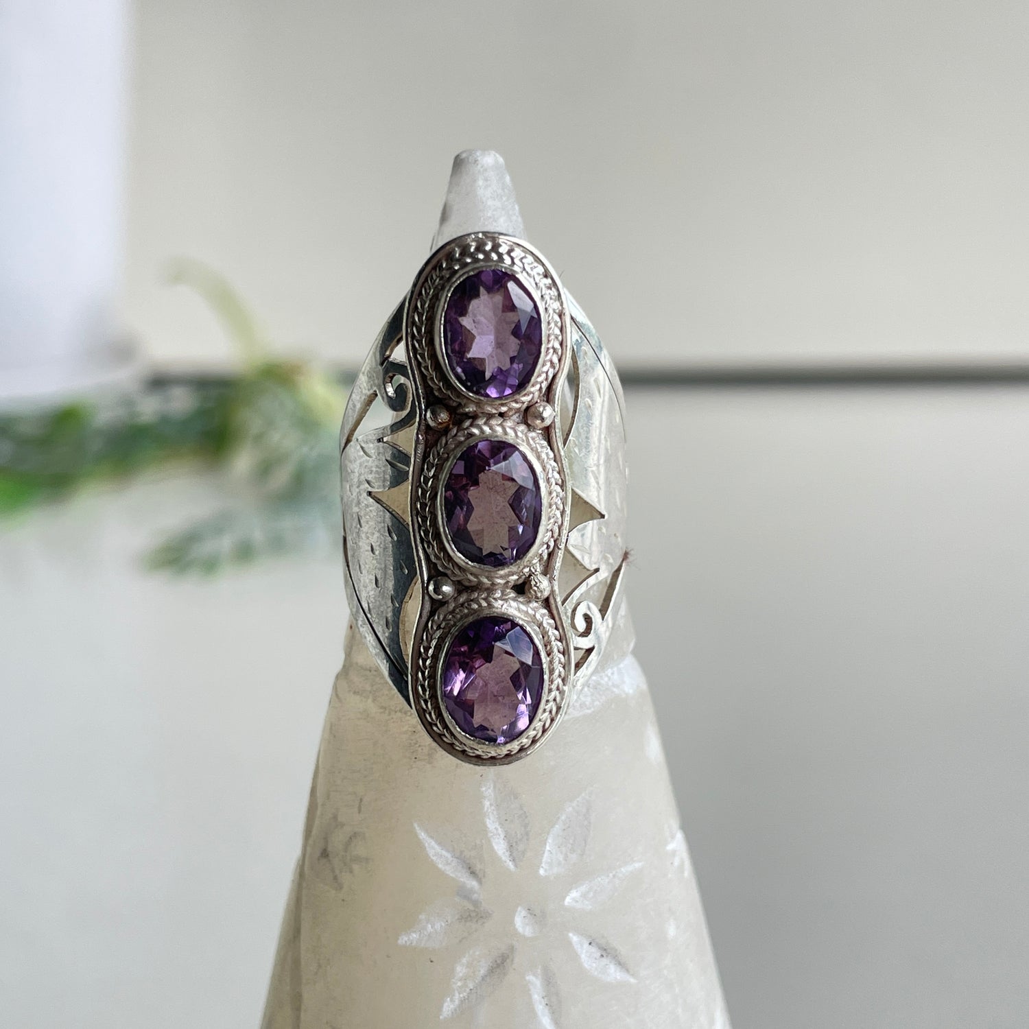 Amethyst Triple Stone Ring Sz8