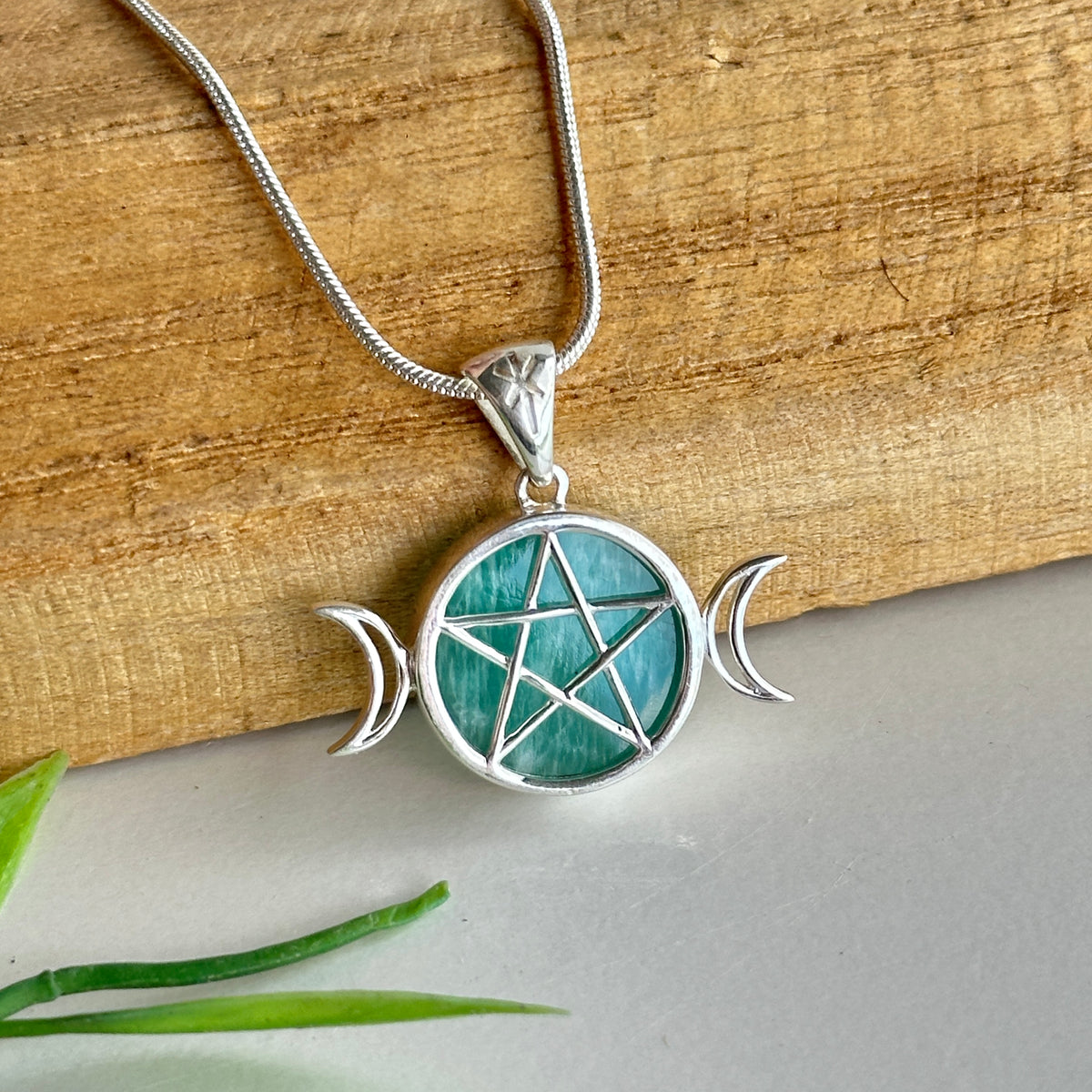 Amazonite Triple Moon Pentagram Pendant