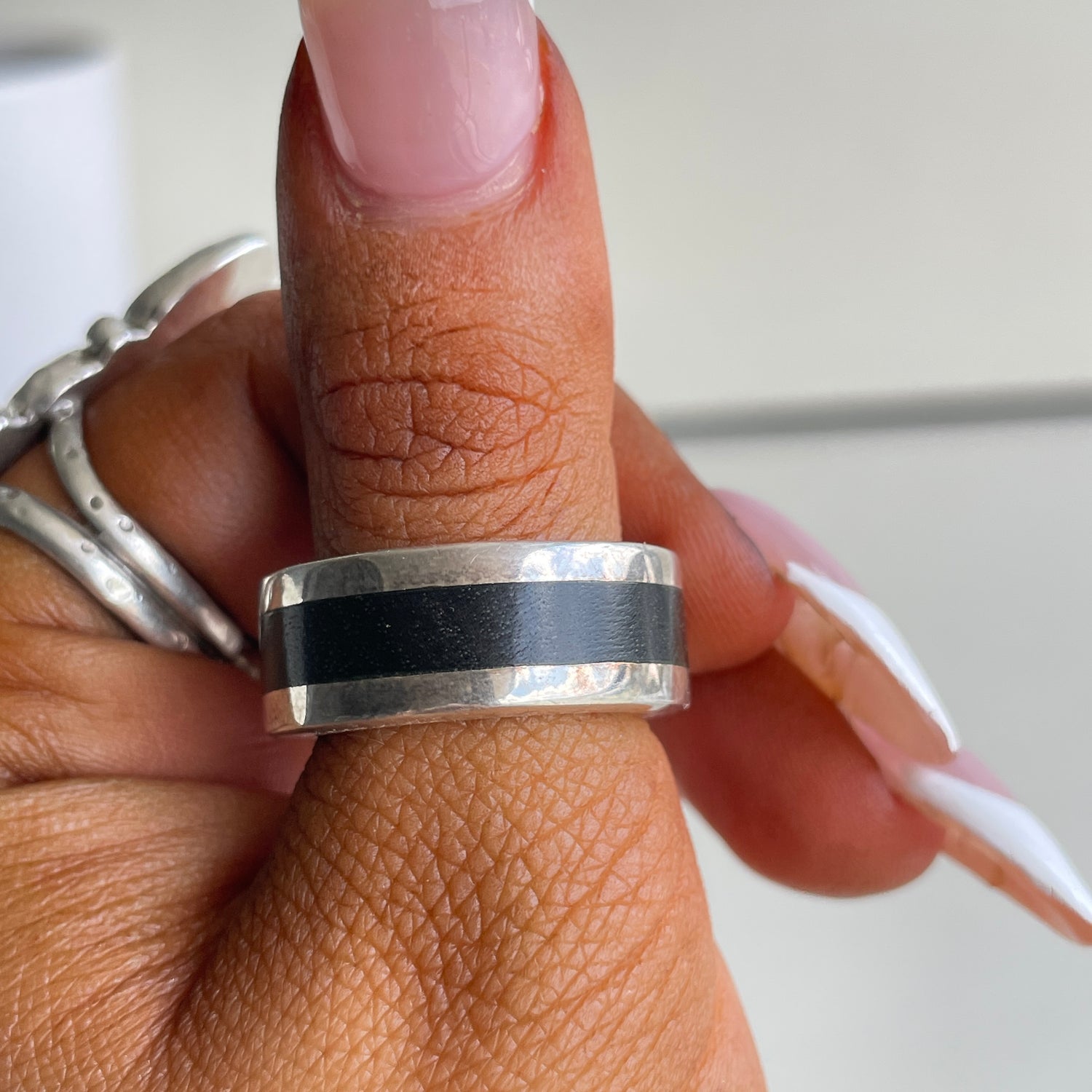 Silver & Black Band Ring Sz7.5