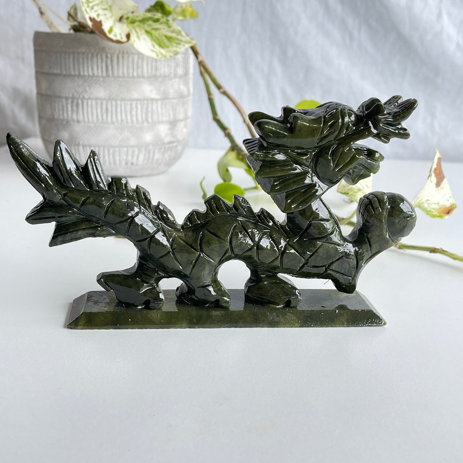 Green Jade Carved Dragon With Ball