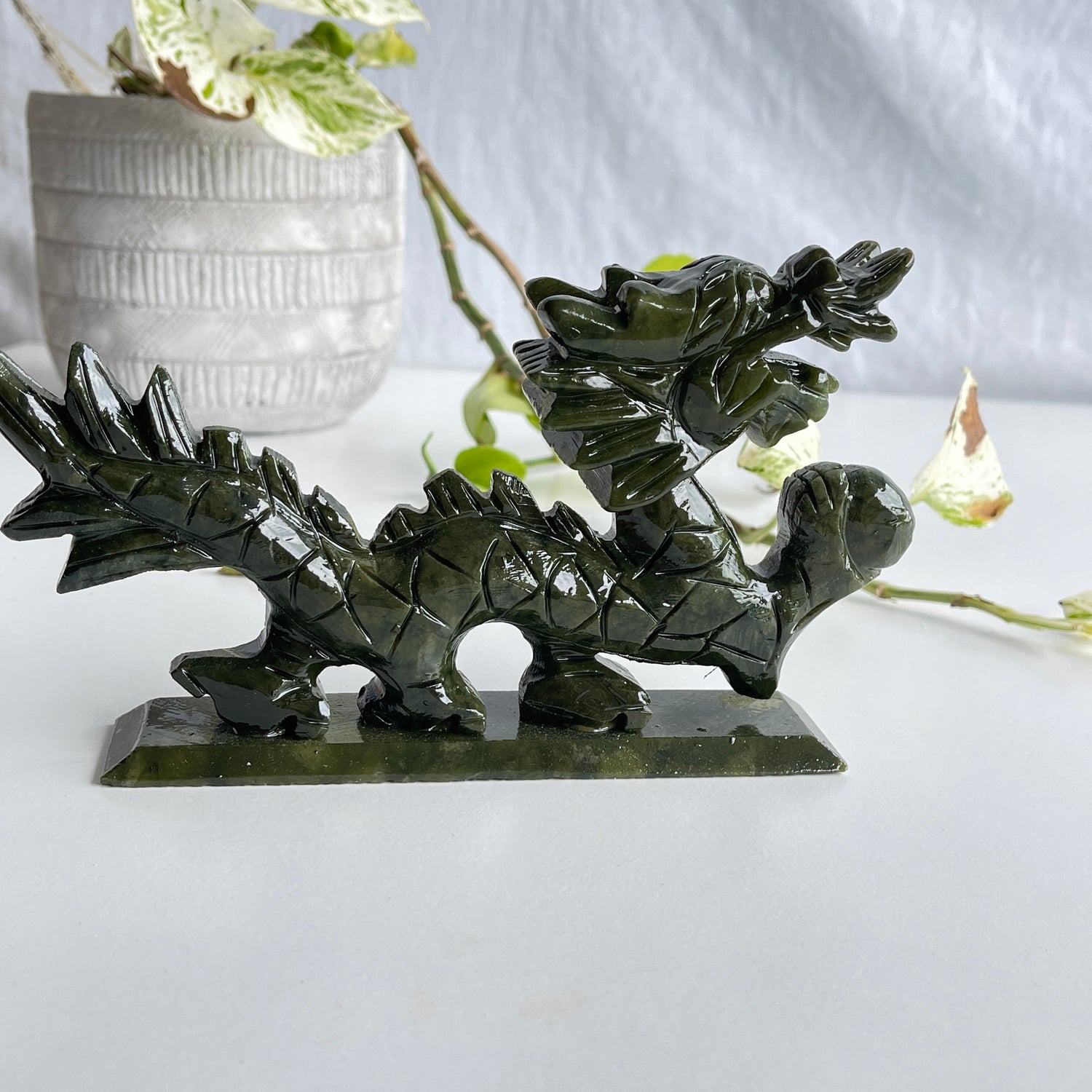Green Jade Carved Dragon With Ball