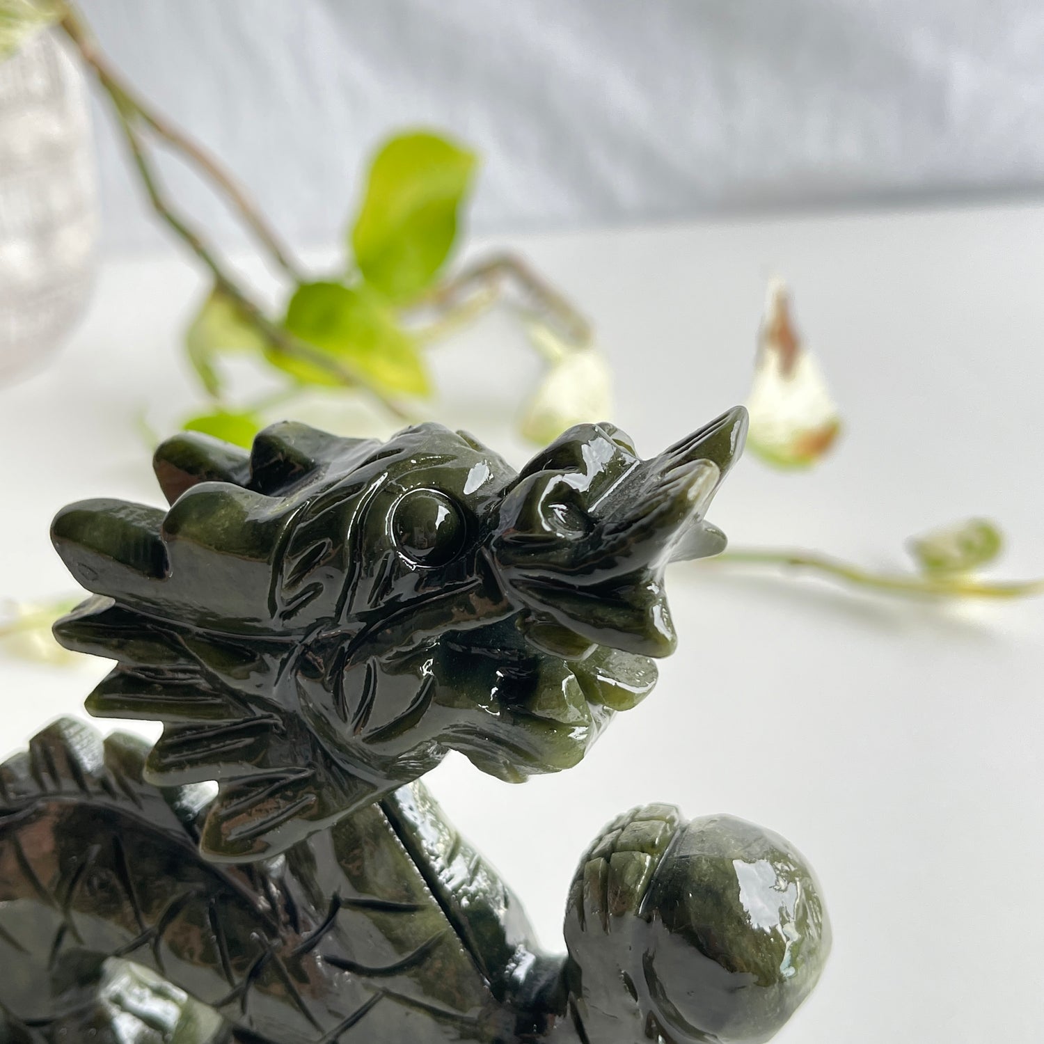 Green Jade Carved Dragon With Ball
