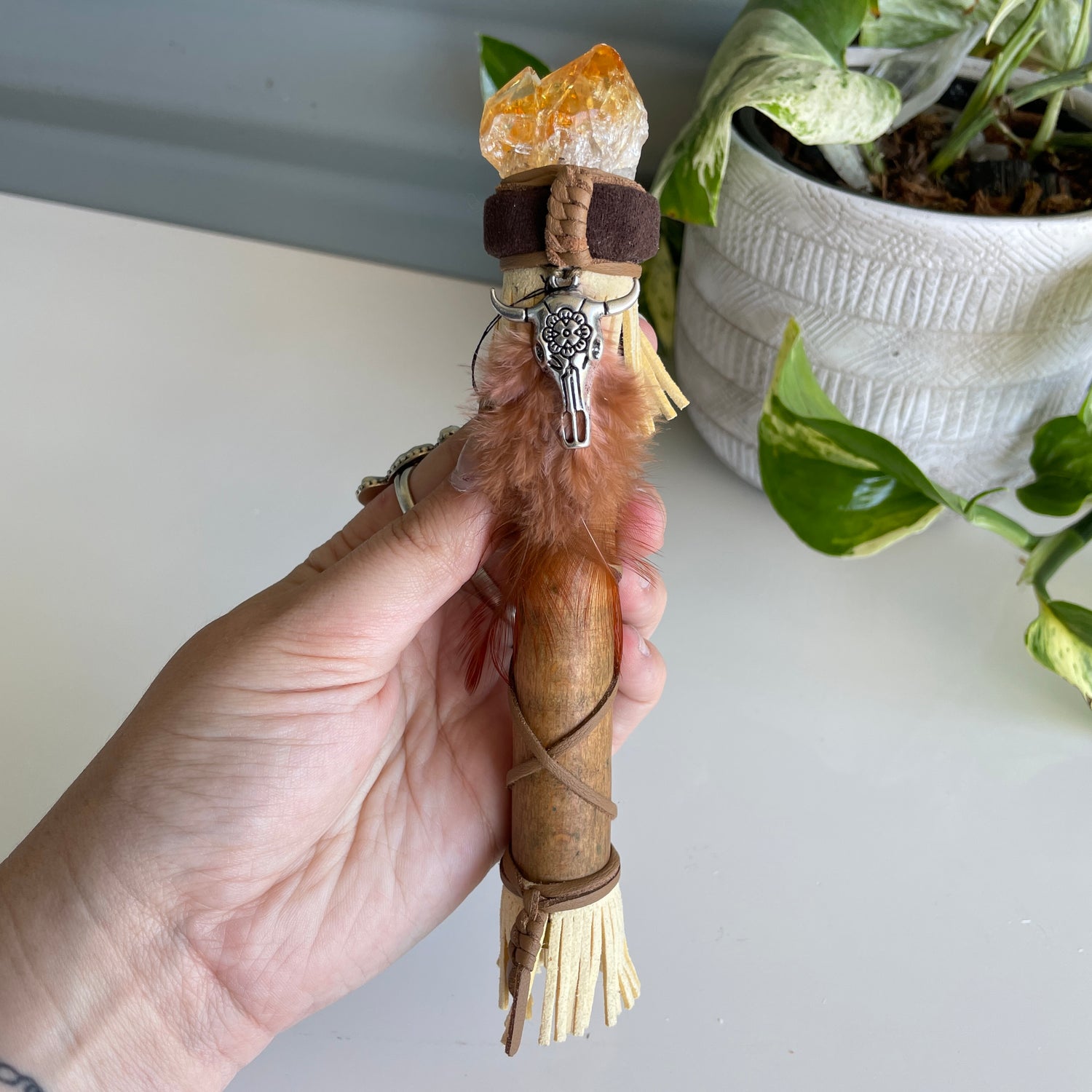 Indian Wand Citrine With Cow Skull
