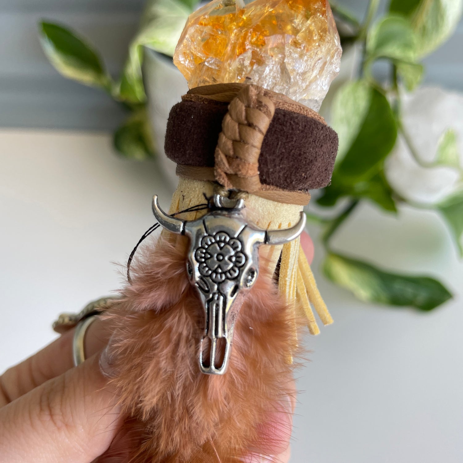 Indian Wand Citrine With Cow Skull